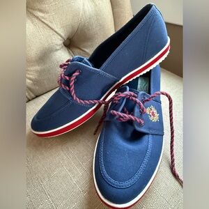 Vintage Keds Grasshoppers Blue Canvas Women's Flats Boat Shoes with Red Accents